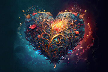 Fantasy ornate heart, red and blue background, love, valentine, illustration, Generative AI