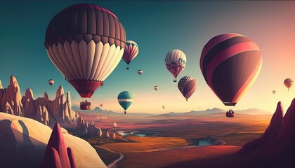  a group of hot air balloons flying over a desert landscape with mountains in the distance and a river running through the middle of the field.  generative ai