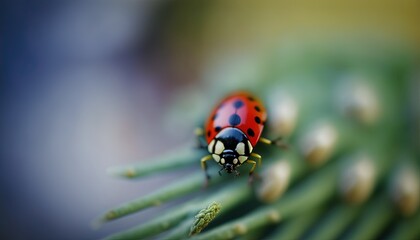  a lady bug sitting on top of a green plant leaf with white dots on it's back legs and legs, with a blue sky background.  generative ai