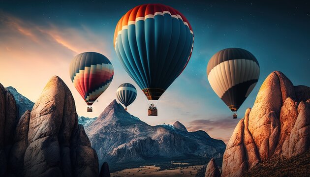  A Group Of Hot Air Balloons Flying Over A Mountain Range At Night With Stars And Clouds In The Sky Over The Mountain Range Is A Mountain Range With A.  Generative Ai