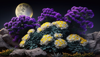  a bunch of flowers that are in the grass near some rocks and a full moon in the sky behind them and a full moon in the background.  generative ai