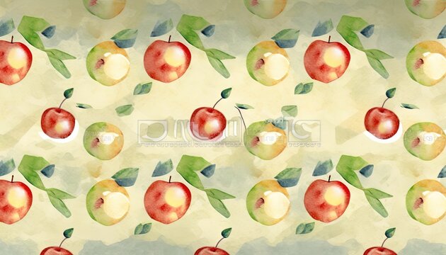  a watercolor painting of apples with leaves on a white background with a green leafy branch on the top of the apple, and a yellow background with green leaves on the bottom.  generative ai