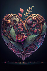 Beautiful ornate heart with flowers and leaves on a dark background, fantasy illustration, vertical, Generative AI