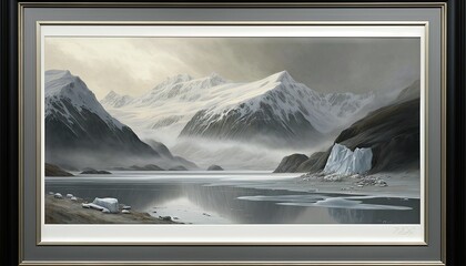  a painting of a mountain range with icebergs in the foreground and a body of water in the foreground, with a fog in the foreground.  generative ai