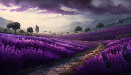 Naklejka na ściany i meble a painting of a lavender field with a path leading to a church in the distance and a dark cloudy sky in the background, with mountains in the distance. generative ai