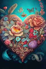 Beautiful heart with flowers, cyan background, love, valentine, fantasy illustration, vertical, Generative AI