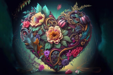 Fantasy heart with colorful flowers and leaves, blue background, love, valentine, illustration, Generative AI