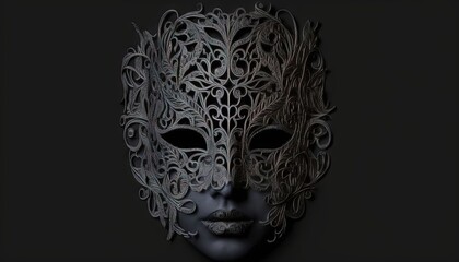  a black mask with intricate designs on the side of the face and a black background with a black background and a black background with a white mask.  generative ai