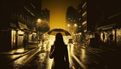  a woman holding an umbrella walking down a street at night in the rain with buildings in the background and a car parked on the side of the road.  generative ai