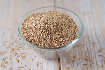 Sesame seeds in a small glass bowl