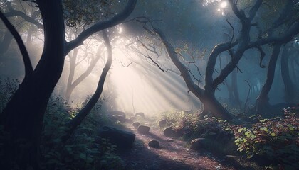  a path through a forest with sunbeams shining through the trees and rocks on the ground and in the foreground is a rock strewn path with rocks and leaves.  generative ai