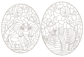 Set of contour illustrations of stained glass Windows with elephants, dark contours on a white background