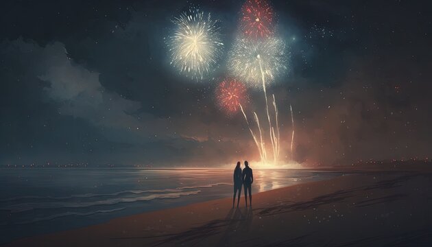  two people standing on a beach watching fireworks go off in the sky above the ocean at night time with a couple looking out at the ocean.  generative ai