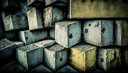  a bunch of cement blocks stacked on top of each other in a room with yellow and green paint on the walls and the walls and floor.  generative ai
