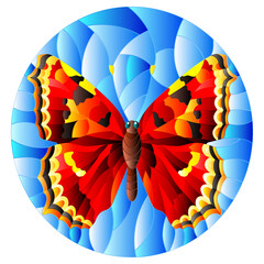 An illustration in the style of a stained glass window with a bright butterfly on a blue sky background, oval image