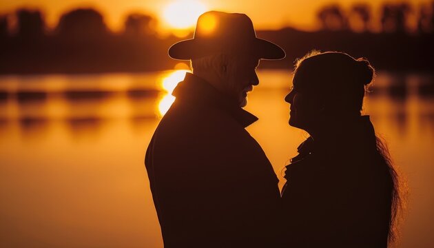 Standing senior couple close to each other in front of a lake at sunset with the sun setting behind them