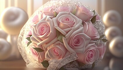  a bouquet of pink roses sitting on top of a table next to a vase of white balls and a ribbon tied around the top of the bouquet.  generative ai