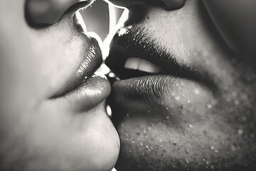 Fototapeta Black and white photo Man and woman lips close up, sensual and erotic Kiss, lovers, bestfriends, couple ai generative  obraz