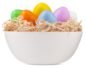 happy Easter decoration, basket full of colored easter eggs on straw nest, isolated on transparent background. Template for gift greeting card, advertising promo shopping sale banner or ticket price