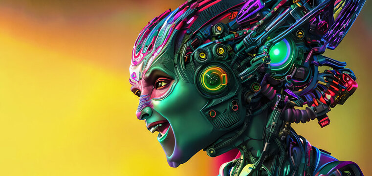portrait of a robot woman in profile side view.  Artificial intelligence concept.vivid colours,  Created using generative AI tools. copy space