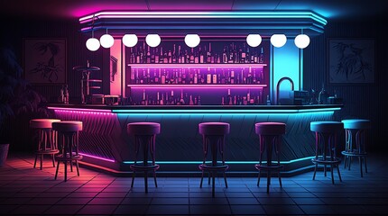 Night club Bar counter. Dance club's neon-lit interior. Modern style RGB lights bar counter. Generative AI
