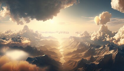  a computer generated image of a mountain range with a river running through it in the middle of the sky with a sun shining through the clouds.  generative ai