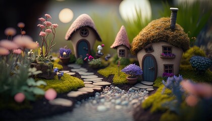 cute fairy house village garden with cute pebble paved road, Generative Ai - obrazy, fototapety, plakaty