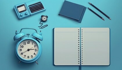  a blue alarm clock, notebook, pen, pencil, and alarm clock on a blue background with a notepad and a pen and pencil.  generative ai