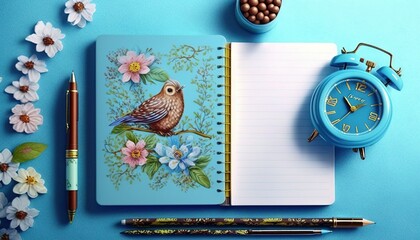  a blue notebook with a bird on it next to a clock and a pen and flower arrangement on a blue background with flowers and a blue alarm clock.  generative ai