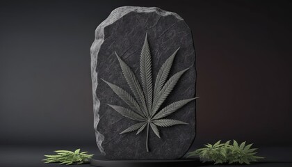  a large rock with a marijuana leaf on top of it next to a plant on a black surface with a black background and a green plant in the foreground.  generative ai