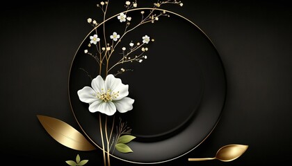  a black plate with a white flower and gold leaves on it and a black background with a gold leaf and a black plate with a white flower on it.  generative ai