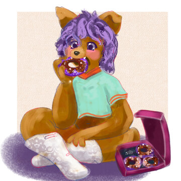 Anthropomorphic cute dog character eating donuts