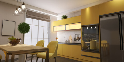Kitchen interior design 3d render, 3d illustration