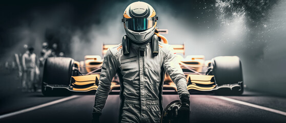 formula one racing driver before start of competition on track. Banner with copy space, digital ai art 
