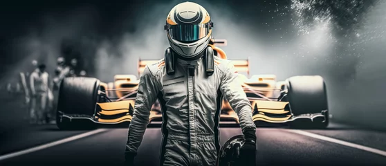 Foto op Plexiglas formula one racing driver before start of competition on track. Banner with copy space, digital ai art  © Viks_jin