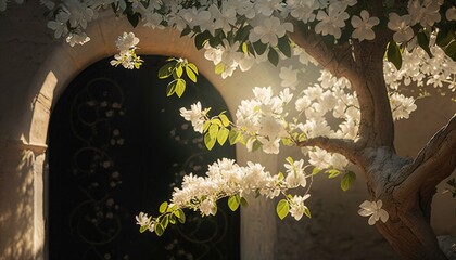  a tree with white flowers in front of a door with a light coming through it and a light coming through the door and a light coming through the door.  generative ai