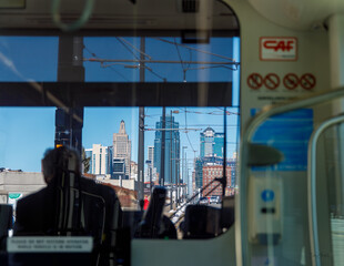 looking forward into Kansas City from a streetcar