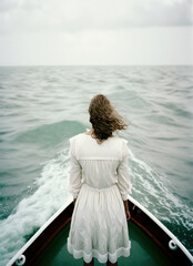 Fototapeta premium a girl in a white dress is standing in a boat in the middle of the sea, with her back to the camera, sea, ocean, ai art 