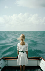 a girl in a white dress is standing in a boat in the middle of the sea, with her back to the camera, sea, ocean, ai art  