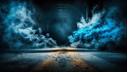 Wet asphalt, a reflection of neon lights, a searchlight, smoke. Abstract light in a dark empty street with smoke, and smog. Dark background scene of an empty street, night view, and night city.
