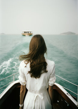 a girl in a white dress is standing in a boat in the middle of the sea, with her back to the camera, sea, ocean, ai art  