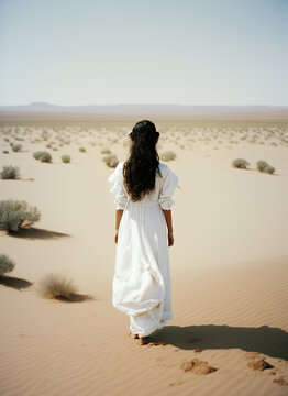 a girl in a white dress stands in the middle of the desert, standing with his back to the camera 