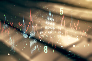 Double exposure of abstract creative financial chart hologram on blurry metal background, research...