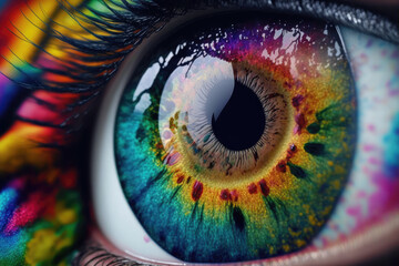 Close up view of female eye with multicolored eyeball and colorful makeup powder. Peculiar AI generative image. - obrazy, fototapety, plakaty