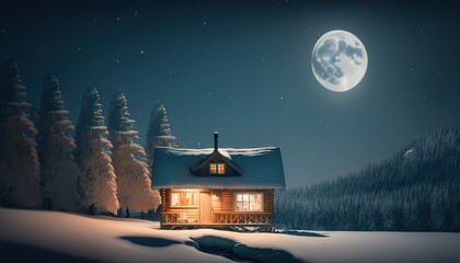  a cabin in the woods with a full moon in the sky and snow on the ground and trees in the foreground, and a full moon in the distance.  generative ai