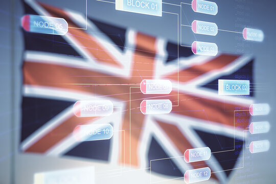 Abstract virtual coding concept on flag of Great Britain and sunset sky background. Multiexposure