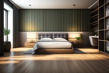 Empty room interior background, olive color paneling wall, home decor over the wooden planks wall. Weave rug on the parquet flooring. 3d renderinghd-enhance