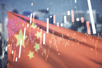 Double exposure of abstract creative financial chart hologram and world map on flag of China and...