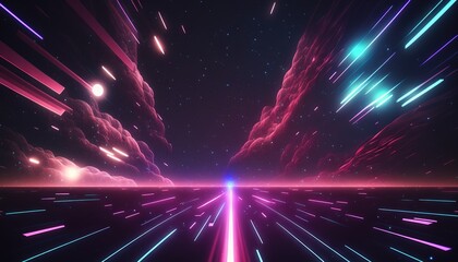  an abstract image of a futuristic city with neon lights and a star filled sky in the background with stars and clouds in the foreground.  generative ai