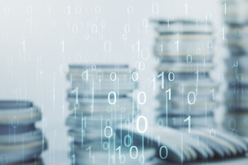 Abstract virtual binary code illustration on stacks of coins background. Big data and coding concept. Multiexposure